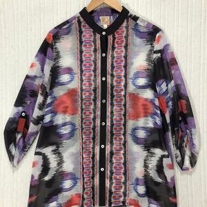 JM Collection Sheer Blouse Abstract‎ Print Button Down 3/4 Sleeve Top L
